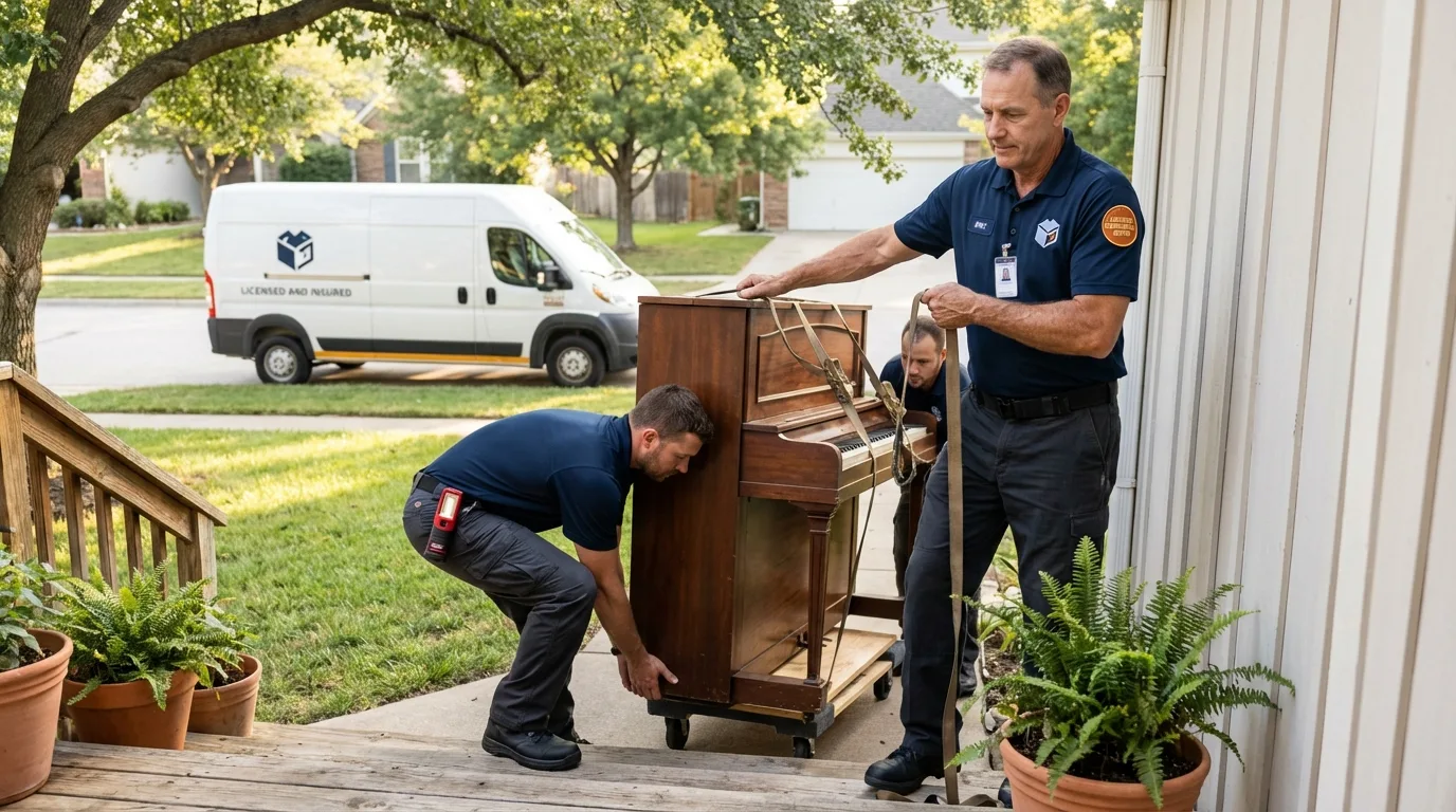 Licensed piano movers securing grand piano in Livingston, MT