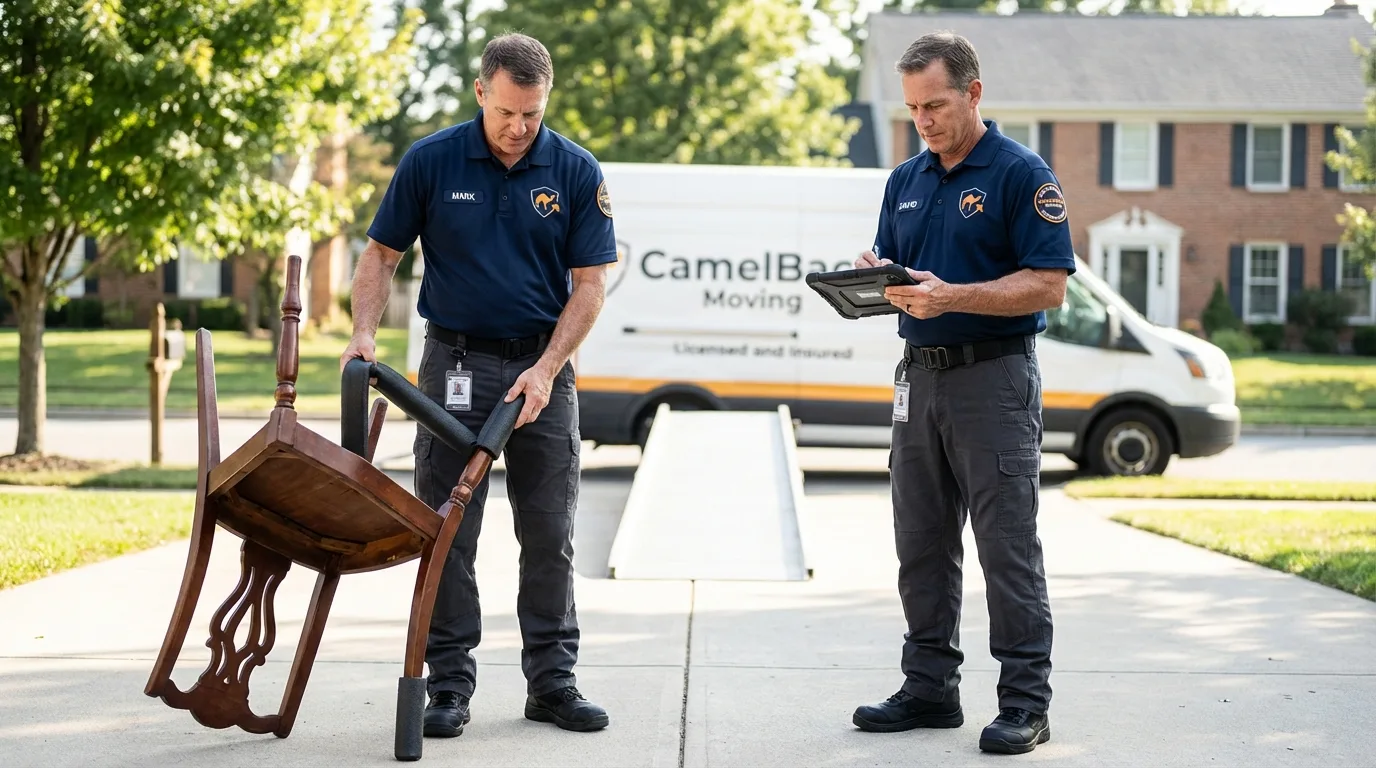 Movers inspecting furniture for damage prevention before loading in Livingston, MT