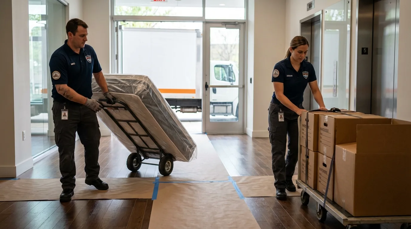 Professional apartment movers loading elevator in Livingston, MT